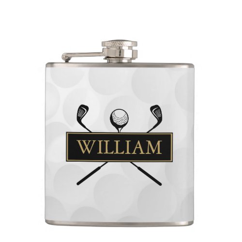 Custom Name Black And Gold Clubs And Ball Flask