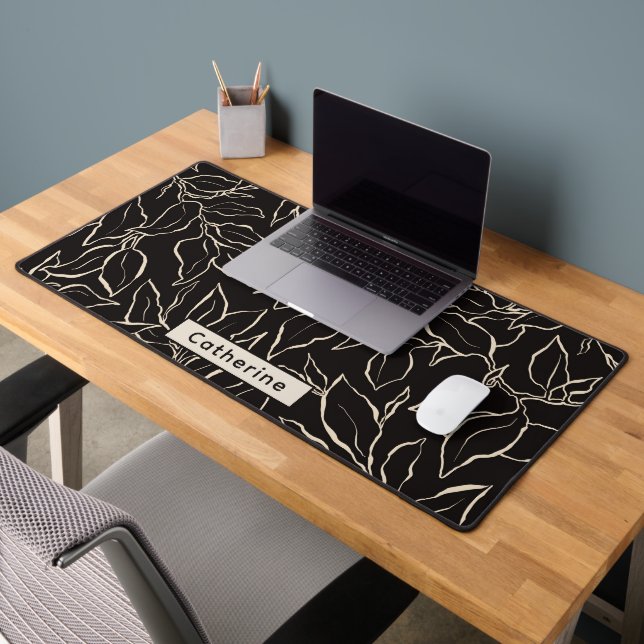 Custom Name Black and White Botanical Home Office Desk Mat (Office 2)