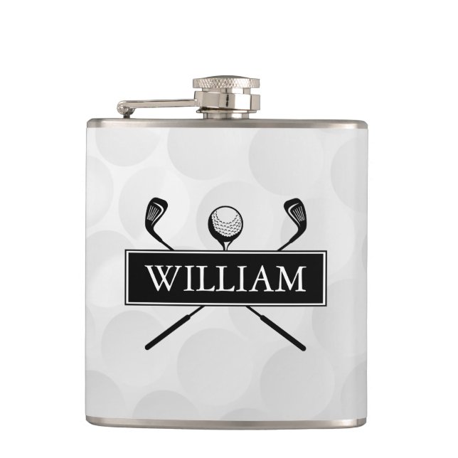 Custom Name Black And White Clubs And Ball Flask (Front)