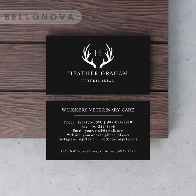 Custom Name Black And White Deer Antler Monogram Business Card (Custom Name Black And White Deer Antler Monogram Business Card)