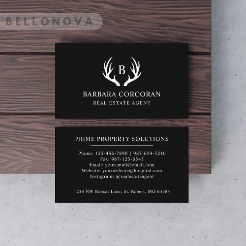 Custom Name Black And White Deer Antler Monogram Business Card