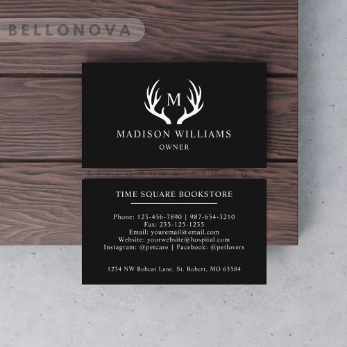 Custom Name Black And White Deer Antler Monogram Business Card