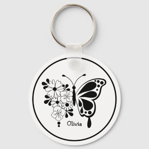 Custom Name Black and White Floral Butterfly Keychain