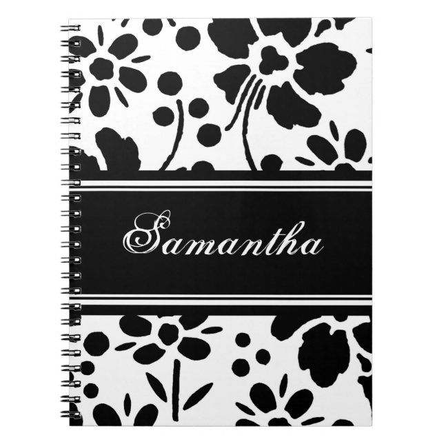 Custom Name Black and White Floral Notebook (Front)