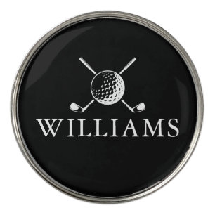 Custom Name Black and White Golf Ball And Clubs Golf Ball Marker