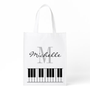 Custom name black and white piano keys grocery bag