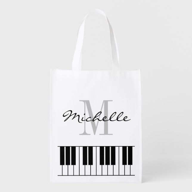 Custom name black and white piano keys grocery bag (Front)