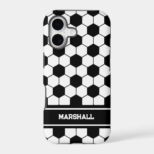 Custom name Black and white Soccer ball pattern iPhone 17 Case