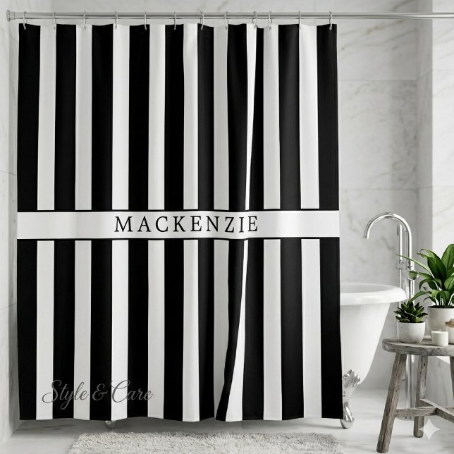 Custom Name Black and White Vertical Striped Shower Curtain (Custom Name Black and White Vertical Striped Shower Curtain)
