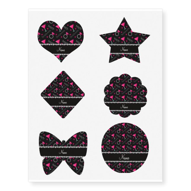 Custom name black bachelorette cocktails rings temporary tattoos (Front)