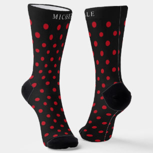 Custom Name Black Background Red Polka Dot Socks