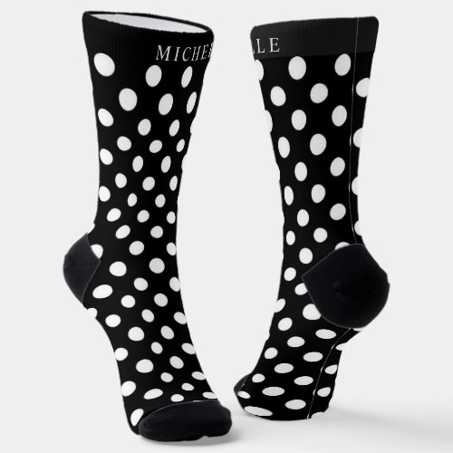 Custom Name Black Background White Polka Dot Socks