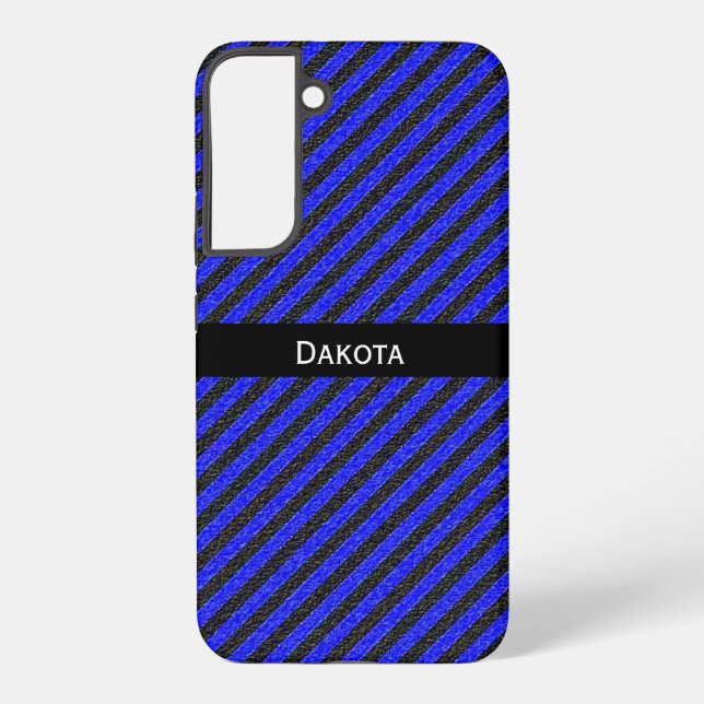 Custom Name Black & Blue Textured Diagonal Stripes Samsung Galaxy Case (Back)