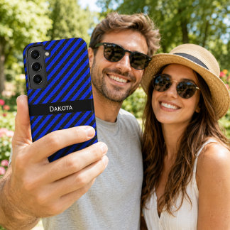 Custom Name Black & Blue Textured Diagonal Stripes Samsung Galaxy S22+ Case
