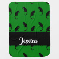 Custom name black cats on green baby blanket