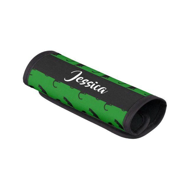 Custom name black cats on green luggage handle wrap (Angled)