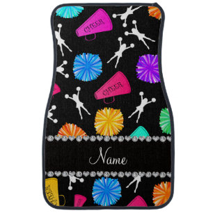 Custom name black cheerleading pompoms car floor mat