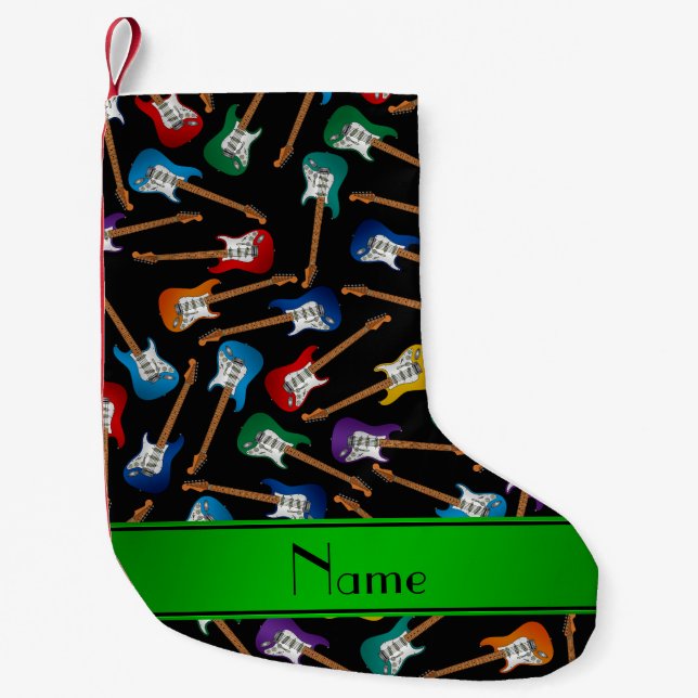 Custom name black colorful electric guitars small christmas stocking (Front)