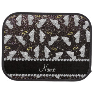 Custom name black glitter angel wings car mat