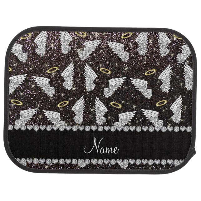 Custom name black glitter angel wings car mat (Rear)