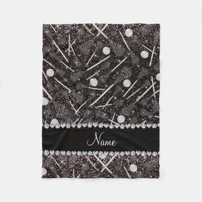 Custom name black glitter lacrosse sticks fleece blanket (Front)