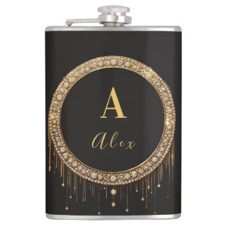 Custom Name Black Glitter Monogram Letter Flask