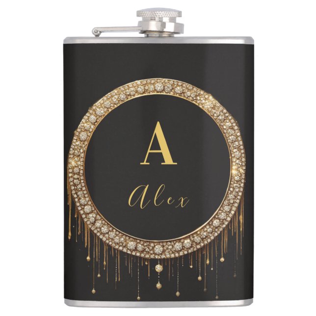 Custom Name Black Glitter Monogram Letter Flask (Front)