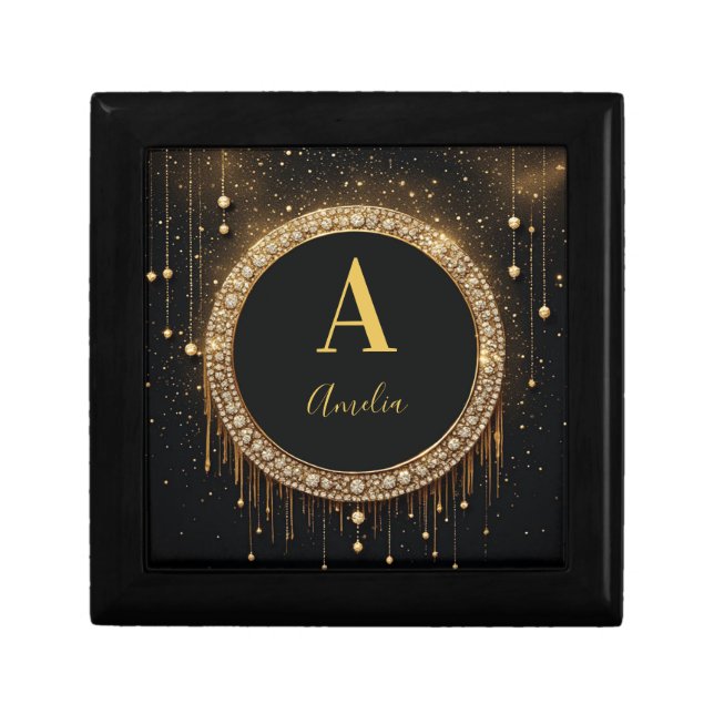Custom Name Black Glitter Monogram Letter Gift Box (Front)