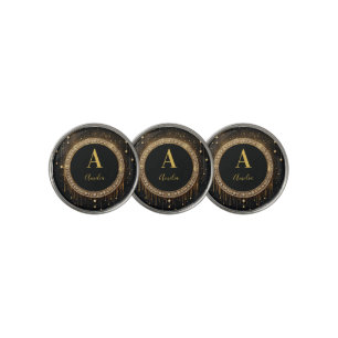Custom Name Black Glitter Monogram Letter Golf Ball Marker