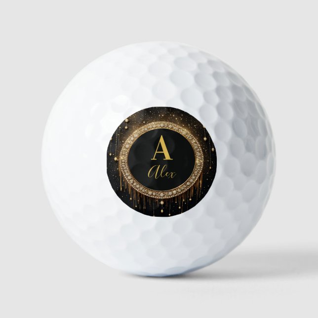 Custom Name Black Glitter Monogram Letter Golf Balls (Front)