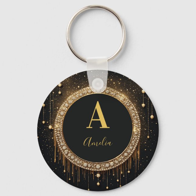 Custom Name Black Glitter Monogram Letter Keychain (Front)