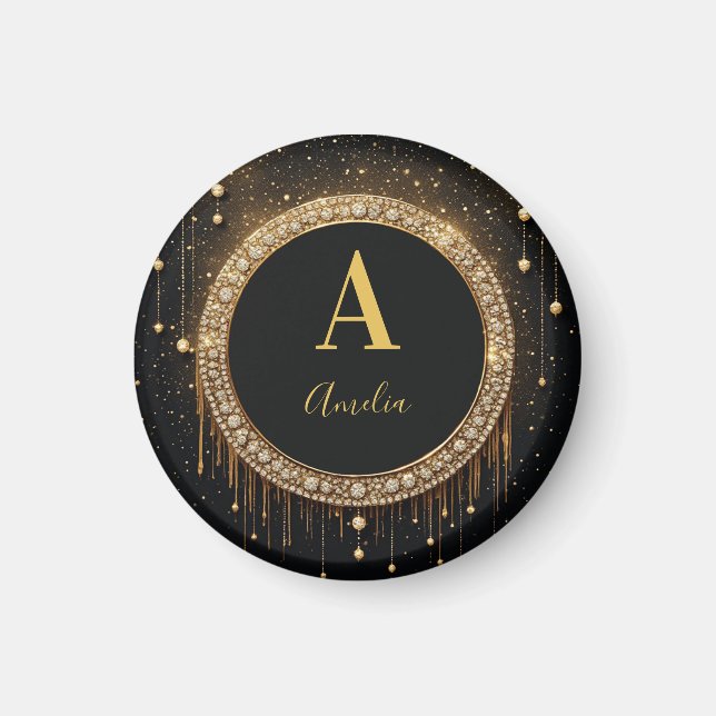 Custom Name Black Glitter Monogram Letter Magnet (Front)