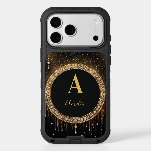 Custom Name Black Glitter Monogram Letter Otterbox iPhone Case (Back)
