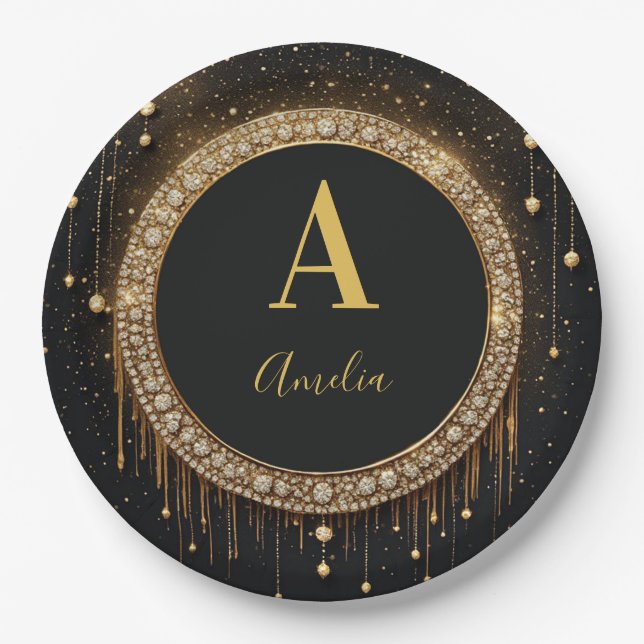 Custom Name Black Glitter Monogram Letter Paper Plates (Front)