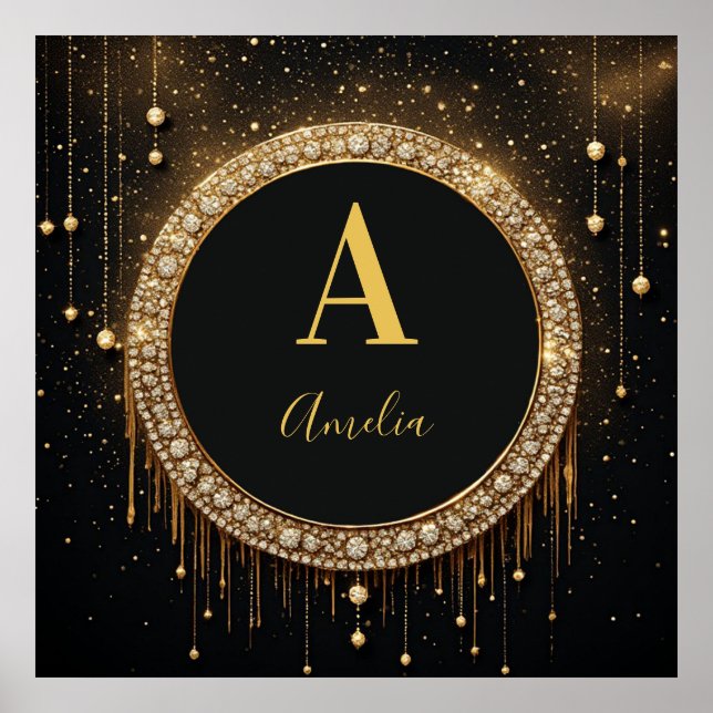 Custom Name Black Glitter Monogram Letter Poster (Front)