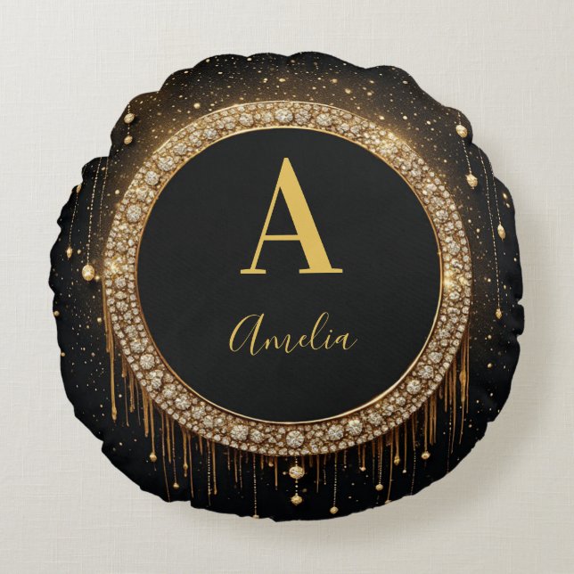 Custom Name Black Glitter Monogram Letter Round Pillow (Front)