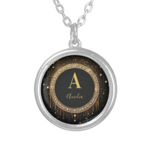 Custom Name Black Glitter Monogram Letter Silver Plated Necklace