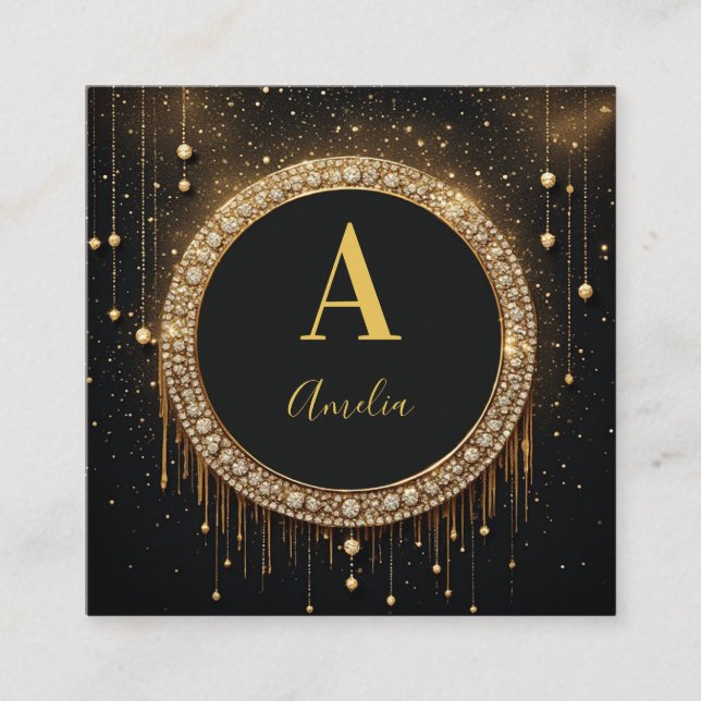 Custom Name Black Glitter Monogram Letter Square Business Card (Front)
