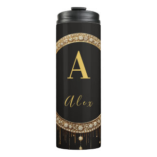 Custom Name Black Glitter Monogram Letter Thermal Tumbler