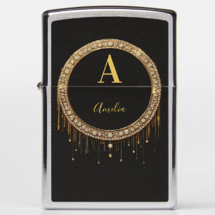 Custom Name Black Glitter Monogram Letter Zippo Lighter