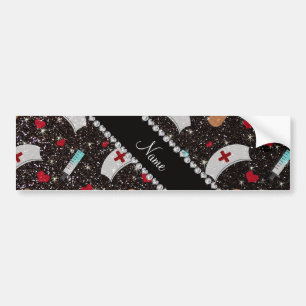 Custom name black glitter nurse hats heart bumper sticker