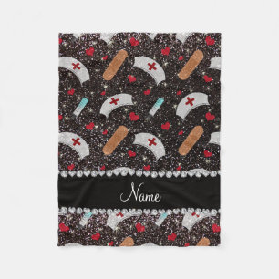 Custom name black glitter nurse hats heart fleece blanket