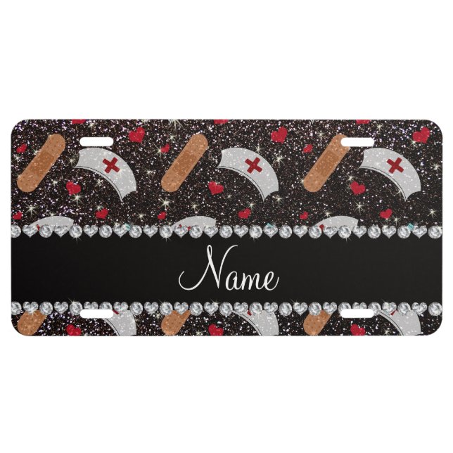 Custom name black glitter nurse hats heart license plate (Front)