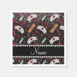 Custom name black glitter nurse hats heart paper napkins