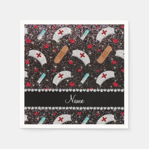 Custom name black glitter nurse hats heart paper napkins