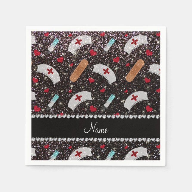 Custom name black glitter nurse hats heart paper napkins (Front)
