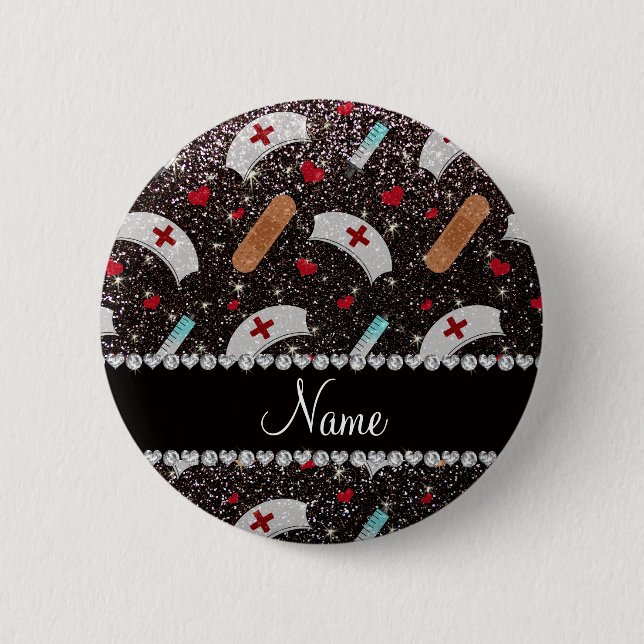 Custom name black glitter nurse hats heart pinback button (Front)