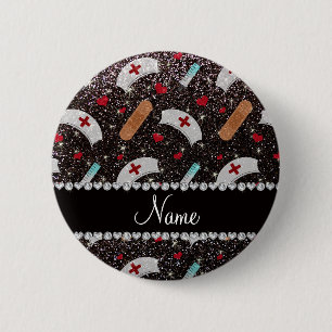 Custom name black glitter nurse hats heart pinback button