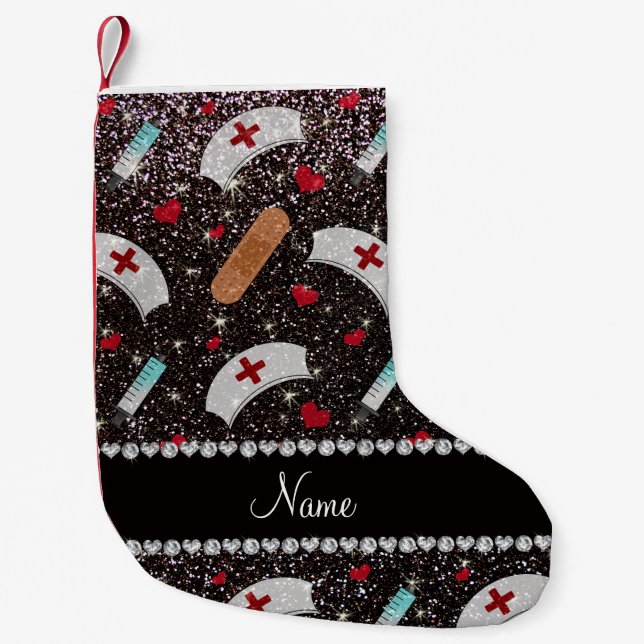 Custom name black glitter nurse hats heart small christmas stocking (Front)