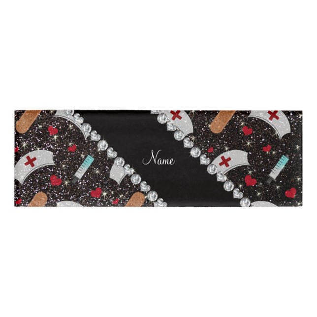 Custom name black glitter nurse hats heart tag (Front)